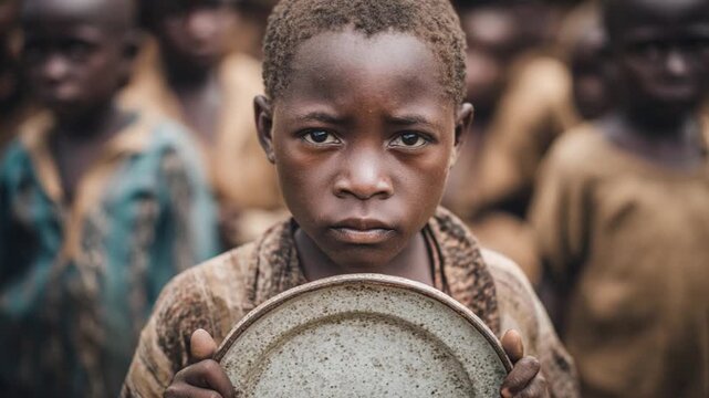 Hunger and Hope: A poignant portrait of a young child, embodying the struggles of poverty, holds an empty plate, their eyes filled with a blend of vulnerability and determination.