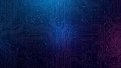 Abstract digital circuit board pattern with glowing blue and purple lines, representing technology and data flow.