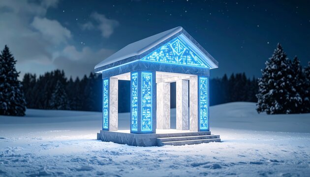Illuminated Structure in Snowy Landscape at Night