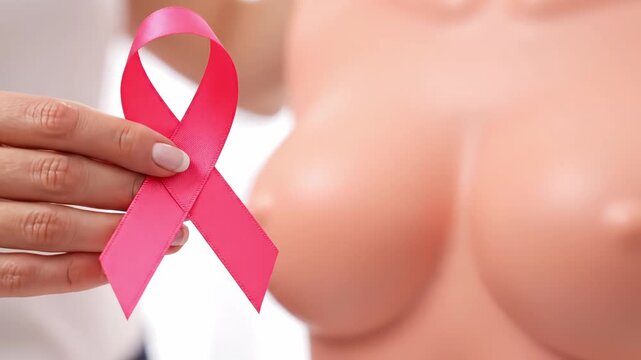 Closeup Pink Ribbon Held In Front Of Breast Model For Health Awareness