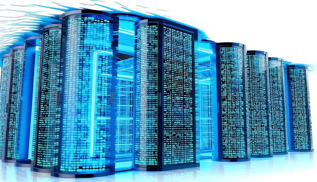 Data Center Server Rack Array with Blue Light Streams