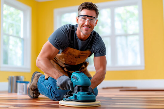 Smiling man sanding floor during home improvement renovation - Powered by Adobe