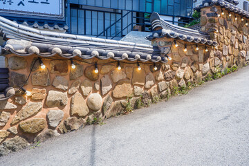 Korean style wall and roof, bukchon hanok villageTraditional Korean style architecture in Seoul South Korea.
