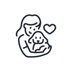 Woman with her dog pet editable stroke outline icon isolated on white background flat vector illustration. Pixel perfect. 64 x 64.