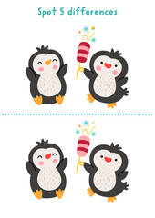 Christmas find differences game for children. Winter holiday educational activity with penguins. Cute puzzle for kids with New Year character. Printable worksheet, page for logic, attention