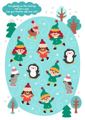 Find odd one out on skating rink. Christmas matching activity with skating elves and animals with pairs. Winter holiday educational quiz worksheet for kid. New Year printable game with cute character