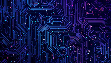 Abstract digital circuit board pattern with glowing lines and data points, representing technology and connectivity.