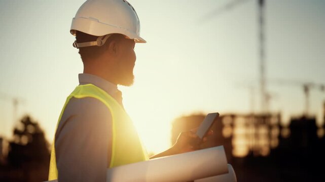 Black male builder with smartphone in construction area, silhouette against sun. Modern technology and innovation, use new mobile app for work and entertainment, inspector or foreman in building site