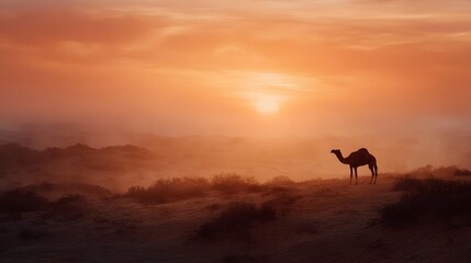 A solitary camel stands on desert dunes under a hazy warm orange sunset