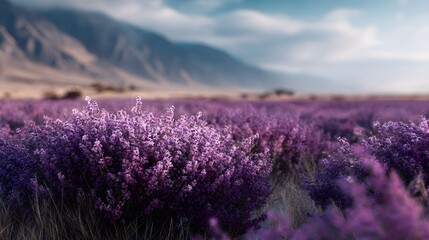 Obraz premium A serene lavender field in full bloom under a cloudy sky with distant mountains evoking a sense of calm and natural beauty