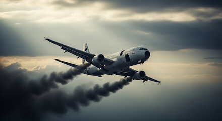 Commercial airplane experiencing engine malfunction with dark smoke trailing across a dramatic cloudy sky