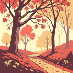 Autumn landscape with trees and fallen leaves along the path in the forest