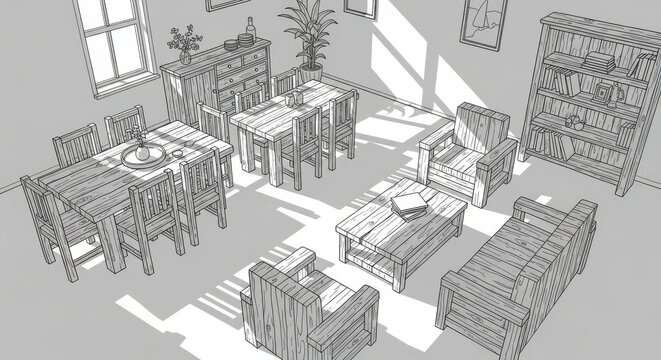 Photo of wireframe rendering of a furnished room with a table, chairs, sofa, and cabinet, bathed in sunlight casting shadows - Powered by Adobe