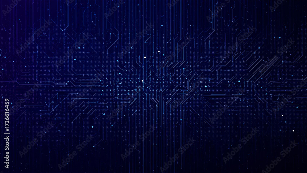 Wall mural abstract dark blue digital background with glowing circuit lines and scattered data points, represen