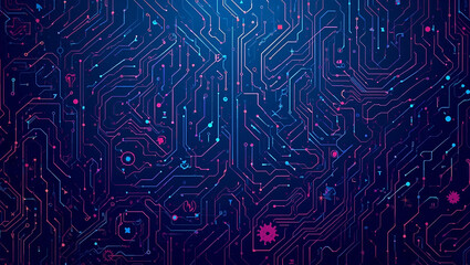 Abstract digital circuit board pattern with glowing lines and nodes on a dark blue background, representing technology and data flow.