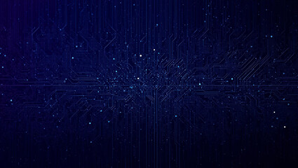 Abstract dark blue digital background with glowing circuit lines and scattered data points, representing technology and connectivity.