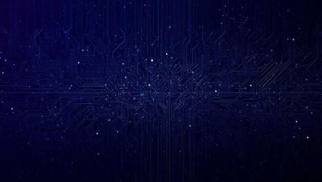 Abstract dark blue digital background with glowing circuit lines and scattered data points, representing technology and connectivity.