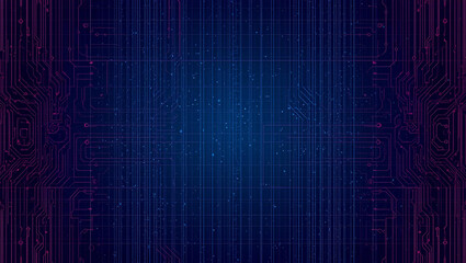 Abstract digital background with glowing blue and purple circuit board patterns and a central data grid, symbolizing technology and connectivity.