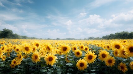 A vibrant field of yellow sunflowers stretches towards a clear blue sky with scattered white clouds on a bright summer day