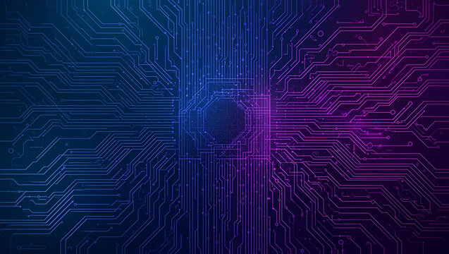 Abstract digital circuit board background with glowing central core and a vibrant blue to purple gradient. - Powered by Adobe
