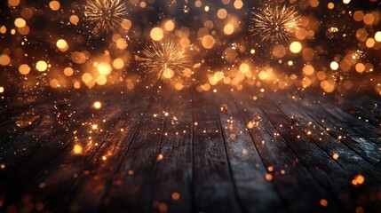 Fototapeta premium Dark wood floor with golden fireworks and bokeh lights