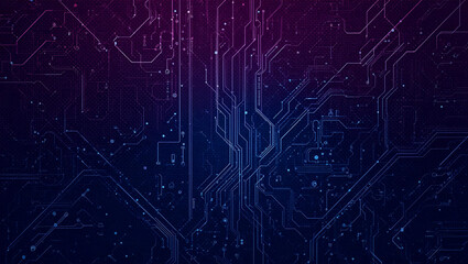 Abstract digital circuit board pattern with glowing lines and data points on a dark blue and purple background, representing modern technology.