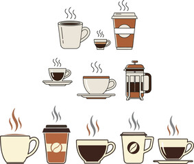 Obraz premium Stylized Illustrations of Hot Coffee Cups, Mugs, and a French Press