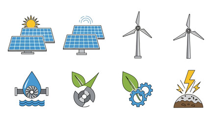 Fototapeta premium A collection of icons representing various renewable energy sources, including solar panels, wind turbines, hydroelectric power, and geothermal energy.