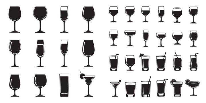Assortment of black silhouette drinkware icons, featuring various glasses for wine, cocktails, and beverages.