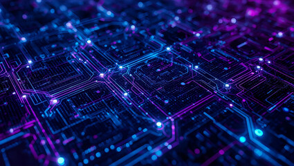 Abstract digital circuit board with glowing blue and purple lines representing data flow and advanced technology.