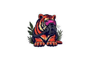 Royal Bengal tiger wearing futuristic neon oxygen mask in cyberpunk jungle.