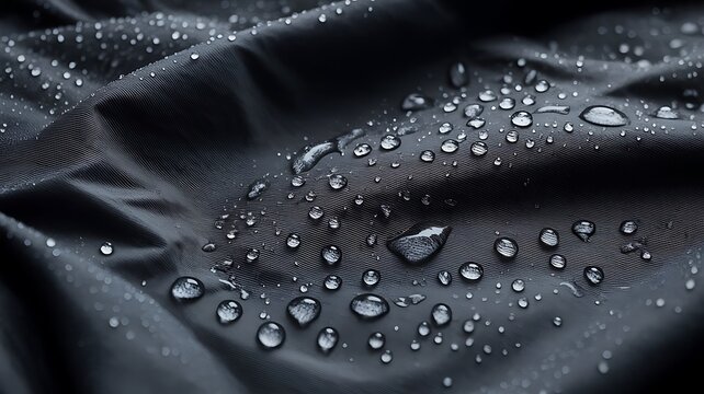 Close up of water droplets on dark fabric showing waterproof material texture