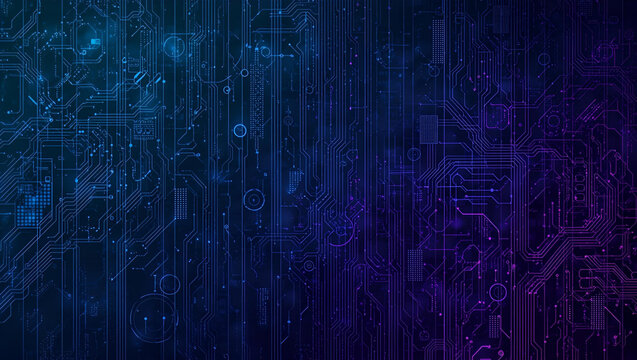 Abstract digital background with glowing blue and purple circuit board patterns, representing technology and data streams.