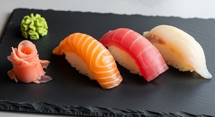 Sushi trio on black slate.
