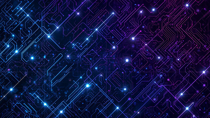 Abstract digital circuit board pattern with glowing blue and purple lines and nodes, representing data flow and technology.