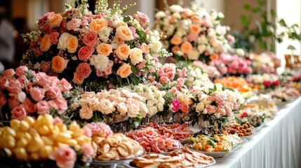 Fototapeta premium Elegant floral buffet with assorted foods