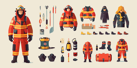 Firefighter In Action With Comprehensive Safety Gear And Equipment For Emergency Rescues Including Protective Clothing And Tools Arranged Neatly On A Light Background. Vector Illustration 