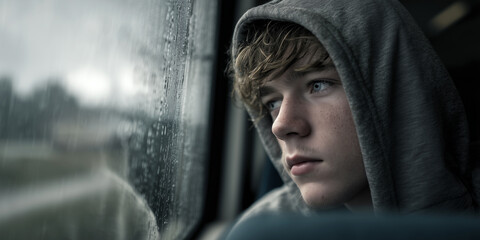 Cinematic emotional portrait of a melancholic teen boy on rainy train. Hyper-realistic close-up of a teenage boy in a hoodie staring out a rainy train window, lost in thought. Generative Ai.