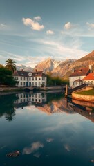 Naklejka premium Peaceful Village Beside Mountain Lake