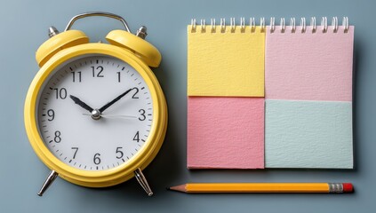 A mustard yellow alarm clock sits beside a spiral notebook with pastel sticky notes and a pencil, on a muted gray surface. Time management