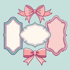 Cute pink floral decorative frame with ribbon bow, blank space in center for text, invitation or greeting card template, vector illustration on light background