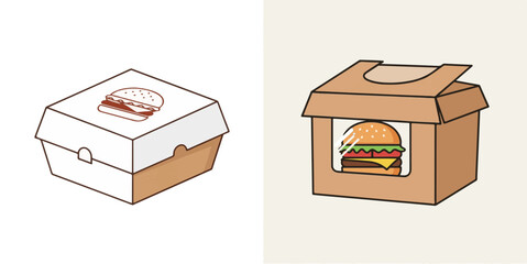 Minimalist Vector Illustration of Two Distinct Burger Takeaway Box Designs