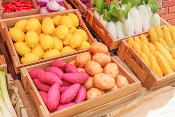 Fresh Fruits and vegetables at a farmer market,raw fruits,nutrition,organic,healthy eating or shopping in a grocery store.