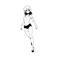 Black and white hot anime character line art illustration, stylish minimal outline drawing in clean style