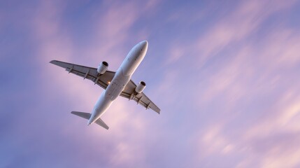 Fototapeta premium An airplane ascends into the twilight sky, marking the beginning of a journey as day transitions to night