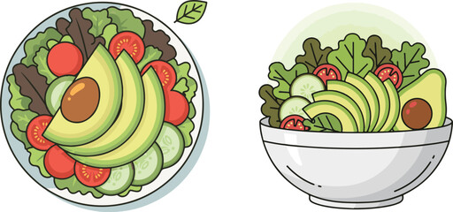 Fresh and Healthy Salad Illustrations with Avocado, Greens, and Vegetables