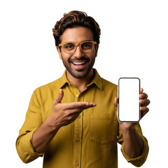 Smiling Man Pointing at Phone Screen Mobile App Mockup Technology Communication Connectivity Mockup Display Application Modern Device