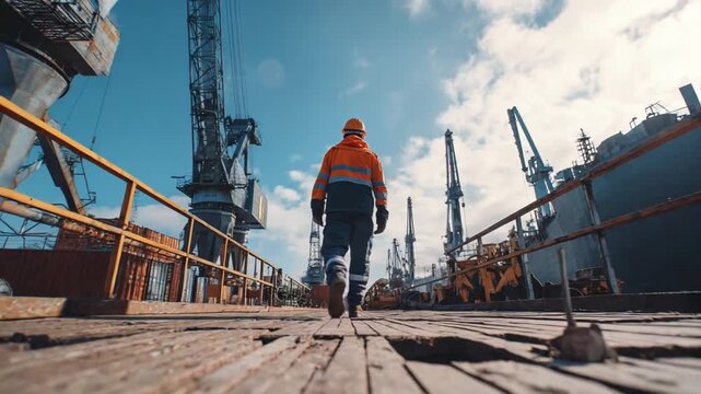 Harbor Work: A lone worker strides purposefully through a bustling shipyard, the vast expanse of the industrial landscape unfolding around him under a cerulean sky. 