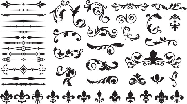 Flourishing decorative elements for retro design. Ornaments in the form of patterns, swirls, and flourishes. Vintage borders, frames, and patterns for invitations and certificates. A vector set.