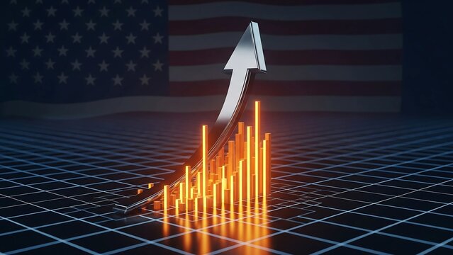 A bold silver arrow charting sharp growth over glowing orange bar graphs with a prominent US flag. Represents financial success, powerful economic recovery, and strong market trend. - Powered by Adobe